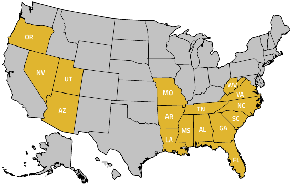 Mapa de los Estados Unidos resaltado con estados aprobados por NASCLA©